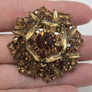 Vintage Signed Austria Topaz Navette Rhinestone Brooch Dome Brown Large